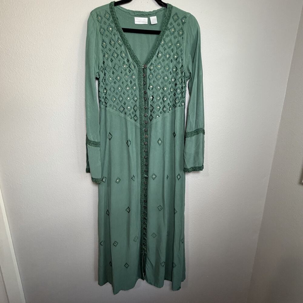 Soft Surroundings Dress Small Tall Green Embroider Button Up Maxi Kaftan Boho